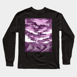 Pink cloudy sky above mountains with a crescent moon Long Sleeve T-Shirt